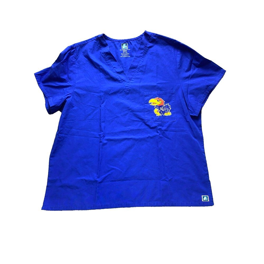 Kansas Jayhawks Scrub Top Adult‎ 2X Blue Nurse Medical Uniform Adar Plus KU Mens
